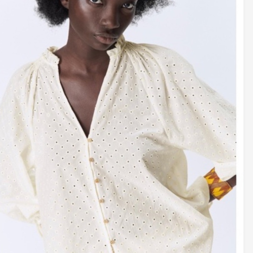 Zara White Eyelet Cotton Broderie Anglaise Button Front Blouse Top Large